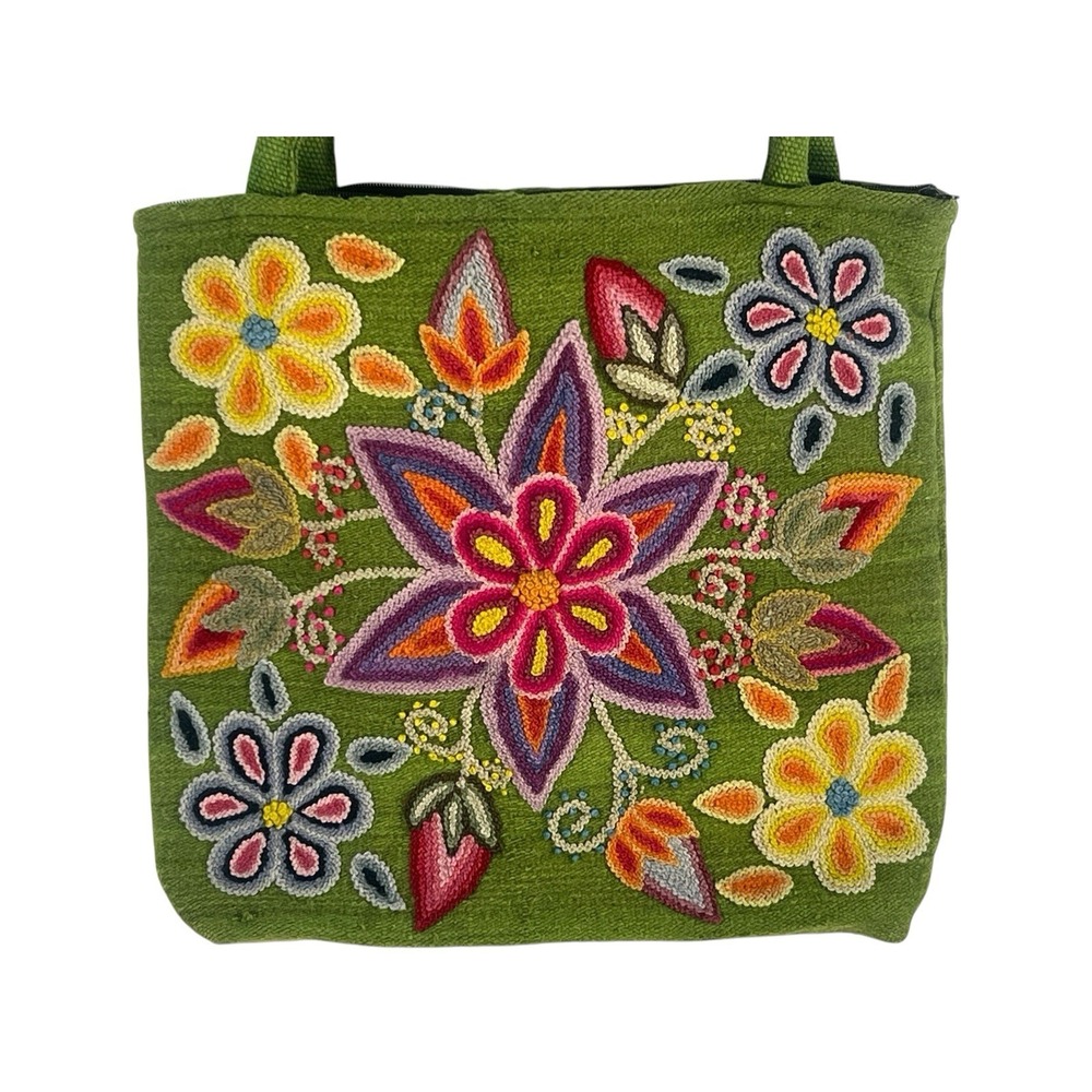 handmade Peruvian floral embroidered woven wool tote lime greenb 13x14 - Picture 9 of 12